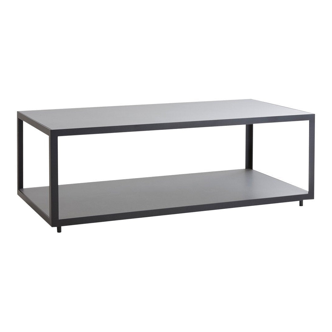 Sleek black coffee table with a minimalist design and clean lines; features a smooth surface and open shelving.