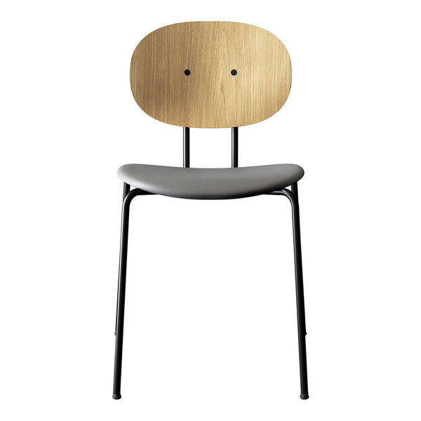 Modern chair featuring a natural wood backrest, grey seat cushion, and sleek black metal legs. Minimalist design.