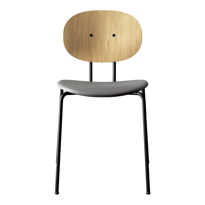 Modern chair featuring a natural wood backrest, grey seat cushion, and sleek black metal legs. Minimalist design.