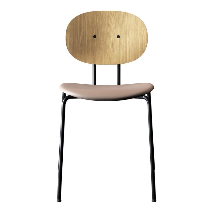 Wooden backrest with light beige seat and black legs, featuring a modern, minimalist design.
