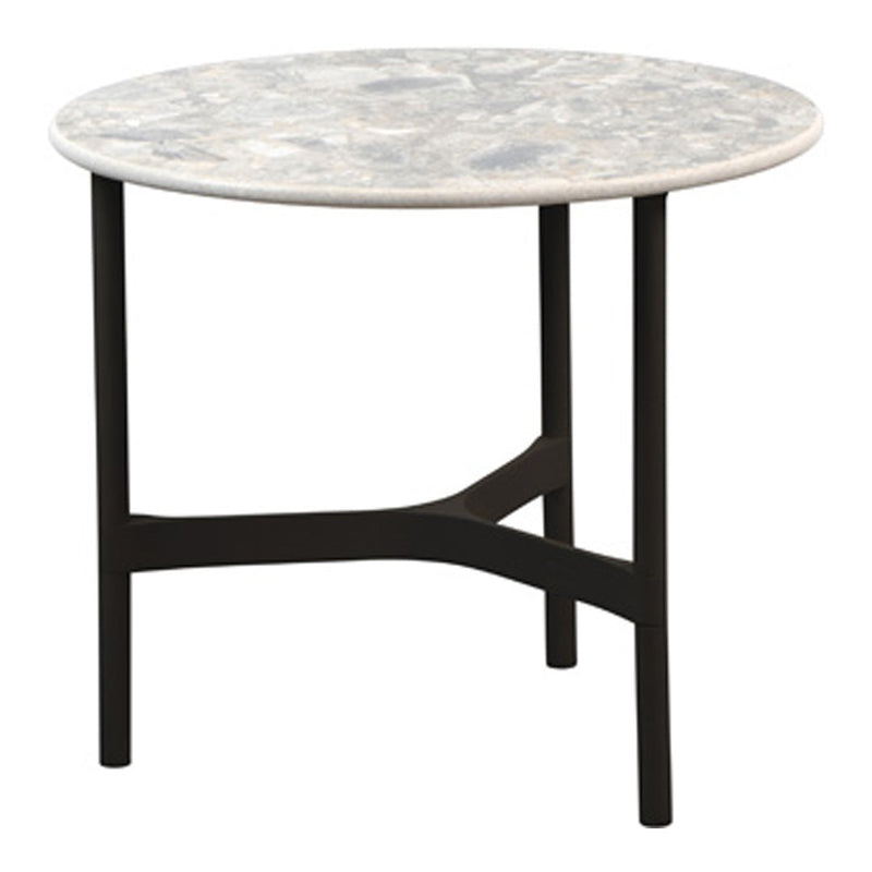 Round table with a marble-patterned top in gray and white, featuring a sleek black metal frame.
