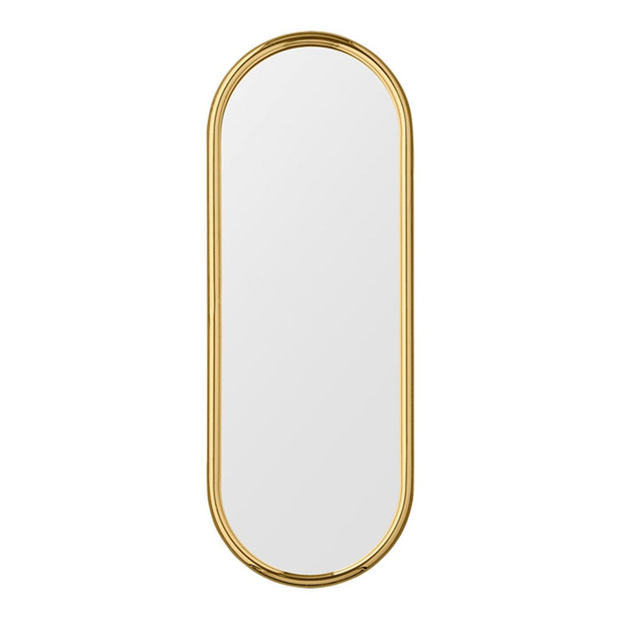 Gold oval-framed mirror with a sleek, minimalistic design and a clear reflective surface. Perfect for modern decor.