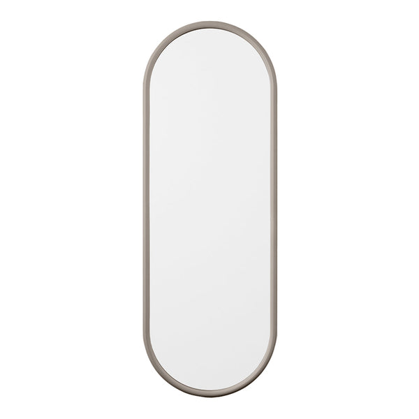 Sleek oval mirror with a minimalist design and soft beige frame, perfect for modern decor.