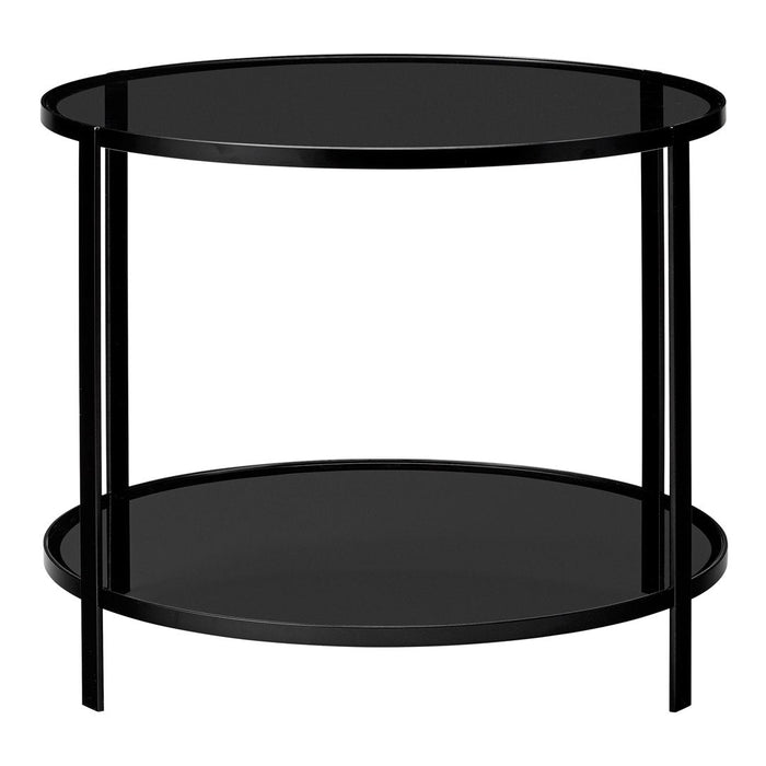 Black circular side table with sleek glass top and bottom shelf, minimalist metal legs. Perfect for modern decor.