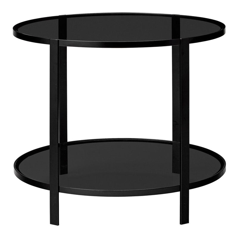 Black round coffee table with a sleek glass top and lower shelf, featuring minimalistic design and smooth edges.