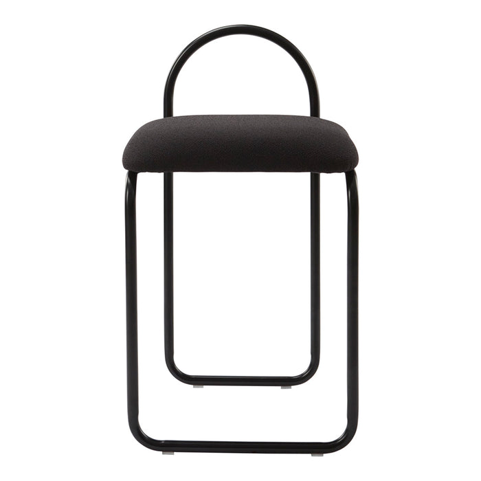 Black upholstered stool with a minimalist design and sleek black metal frame. Perfect for modern decor.