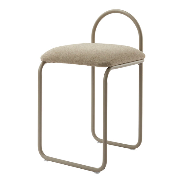 Neutral beige upholstered stool with minimalist metal frame and subtle curved backrest. Ideal for modern decor.