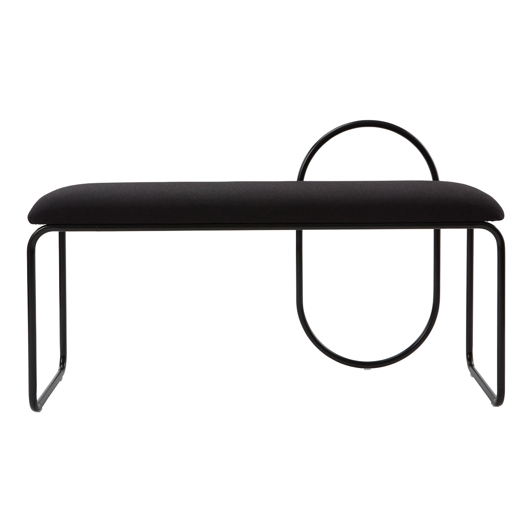 Black upholstered bench with minimalist metal frame featuring a circular accent. Perfect for modern decor.