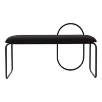 Black upholstered bench with minimalist metal frame featuring a circular accent. Perfect for modern decor.