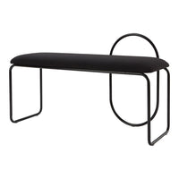 Black upholstered bench with sleek black metal frame and geometric circle accent, modern minimalist design.