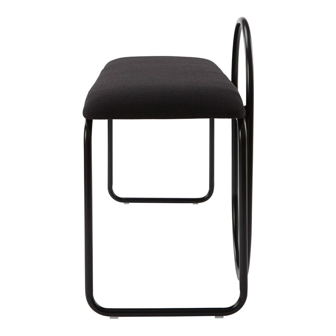 Black upholstered bench with a sleek black metal frame, featuring a minimalist design for modern decor.