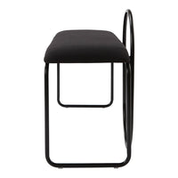 Black upholstered bench with a sleek black metal frame, featuring a minimalist design for modern decor.