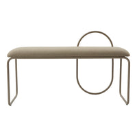 Neutral beige upholstered bench with minimalist metal frame and circular accent, ideal for modern decor.