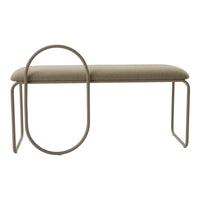 Beige upholstered bench with minimalist metal frame, featuring a circular accent design. Perfect for modern decor.