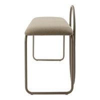 Beige padded bench with a minimalist design and sleek tan metal frame, showcasing a modern and neutral color palette.