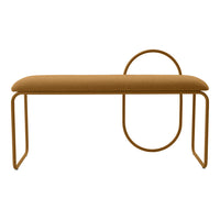 Stylish tan bench with a minimalist design and curved metal accents, perfect for modern decor.