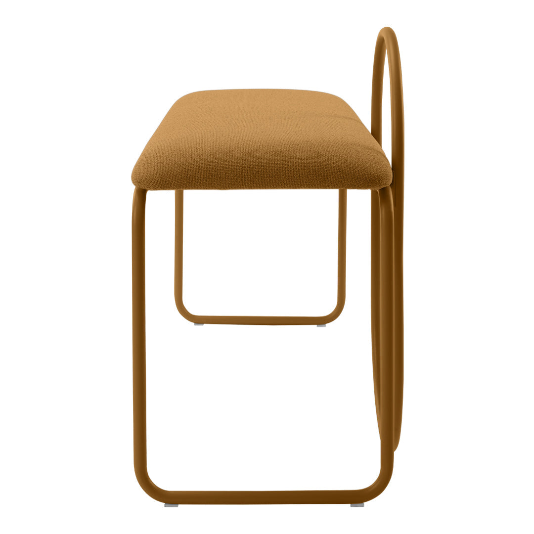 Stylish mustard yellow upholstered bench with a sleek metal frame, perfect for modern decor.