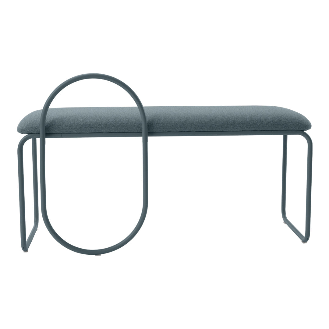 Gray upholstered bench with modern circular accent in a sleek, minimalist design. Perfect for contemporary decor.