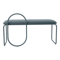 Gray upholstered bench with modern circular accent in a sleek, minimalist design. Perfect for contemporary decor.