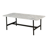 Rectangular marble coffee table with a subtle gray pattern and black metal legs for a modern touch.