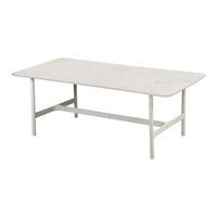 Light gray rectangular table with a smooth surface and subtle speckled pattern, featuring a minimalist metal frame.