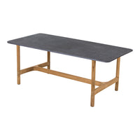 Rectangular table with a sleek black surface and natural wooden legs for a modern, minimalist look.
