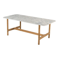Light gray marble tabletop with subtle veining, paired with a natural wood frame, modern and stylish design.