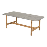 Gray marble tabletop with subtle veining, set on a natural wood frame for a modern, elegant look.