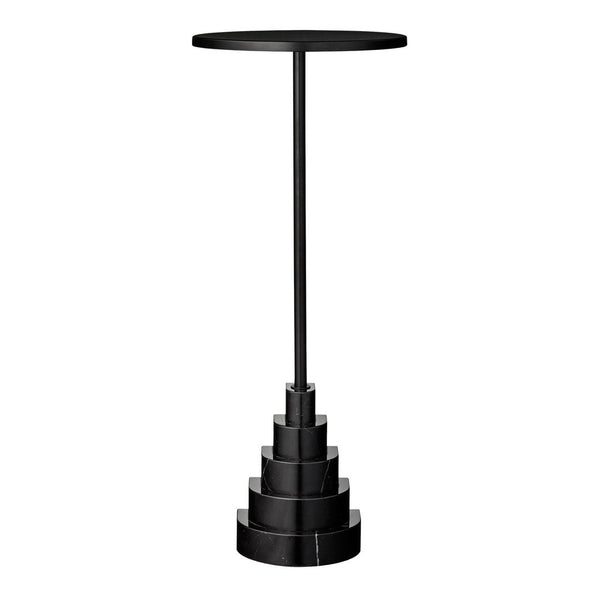 Black pedestal table with a sleek, modern design featuring layered geometric patterns and a circular top.