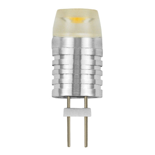 LED light bulb with a clear top, silver metallic body, and two gold pins at the base.