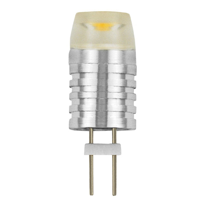 LED light bulb with a clear top, silver metallic body, and two gold pins at the base.