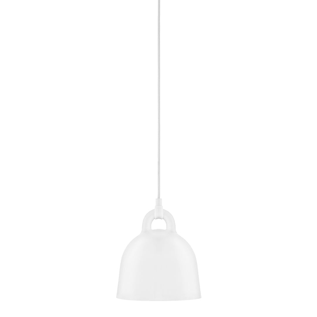 White pendant lamp with a smooth, glossy finish and minimalist design, suspended from a thin white cord.