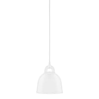 White pendant lamp with a smooth, glossy finish and minimalist design, suspended from a thin white cord.