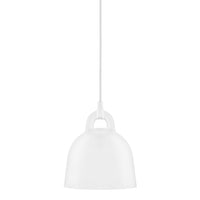 White pendant lamp with a smooth, glossy finish and rounded design, suspended by a simple cord.