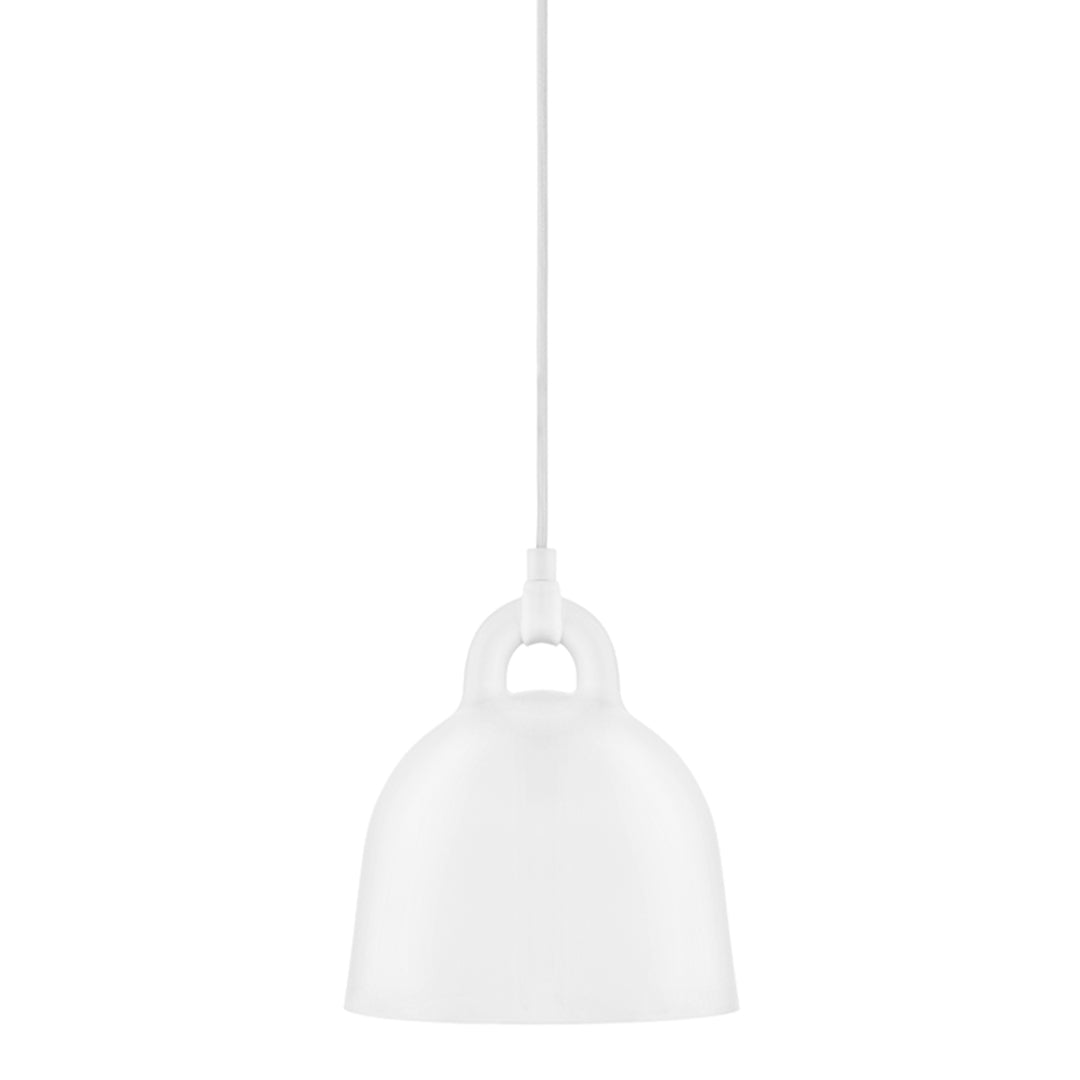 White pendant lamp with a smooth, glossy finish and rounded design, suspended by a simple cord.