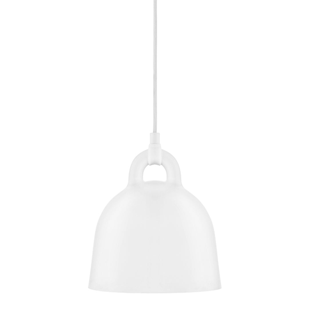 White pendant lamp with a smooth, curved shape and a minimalist design, ideal for modern decor.