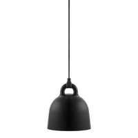 Black pendant lamp with a smooth, matte finish and a sleek, modern bell shape, perfect for contemporary decor.