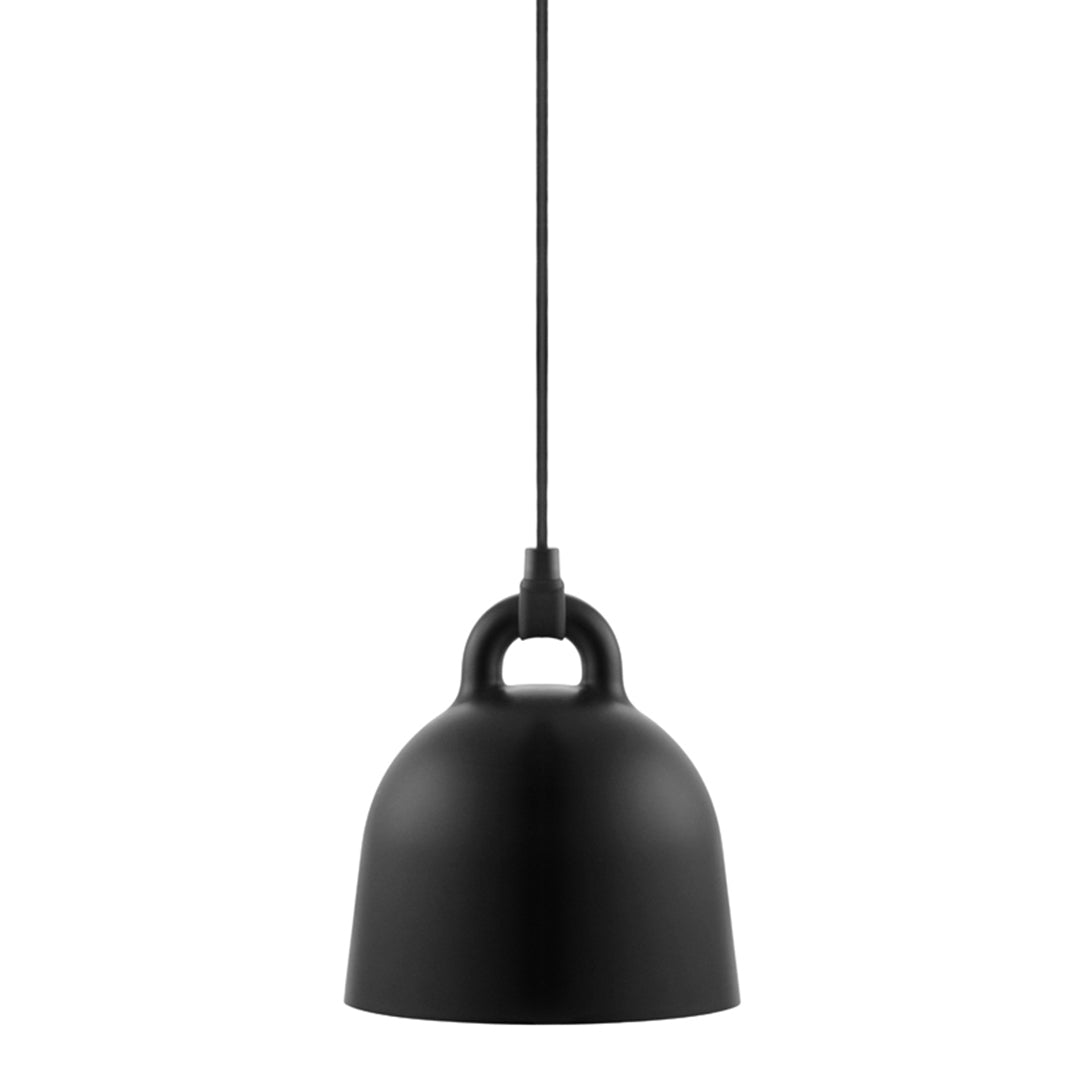Black matte pendant lamp with a smooth, bell-shaped design and a minimalist hanging feature. Ideal for modern decor.