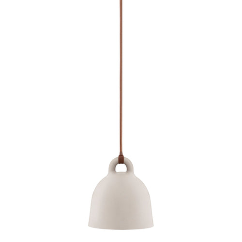 Off-white ceramic pendant lamp with a simple bell shape and brown cord. Minimalist design for modern decor.