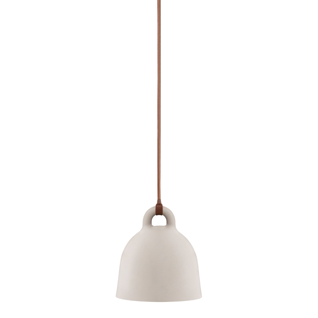 Off-white ceramic pendant lamp with a simple bell shape and brown cord. Minimalist design for modern decor.