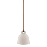 Off-white ceramic pendant lamp with a simple bell shape and brown cord. Minimalist design for modern decor.
