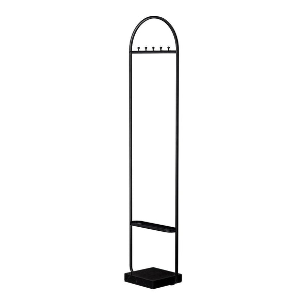Sleek black coat rack with minimalistic design and smooth lines, featuring a sturdy base and curved top.