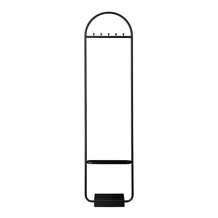 Black metal coat rack with an arch design, featuring a minimalist style and smooth lines. Ideal for modern decor.