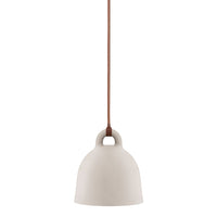 Cream-colored pendant light with a smooth, rounded shape and a brown hanging cord. Minimalist design for modern decor.