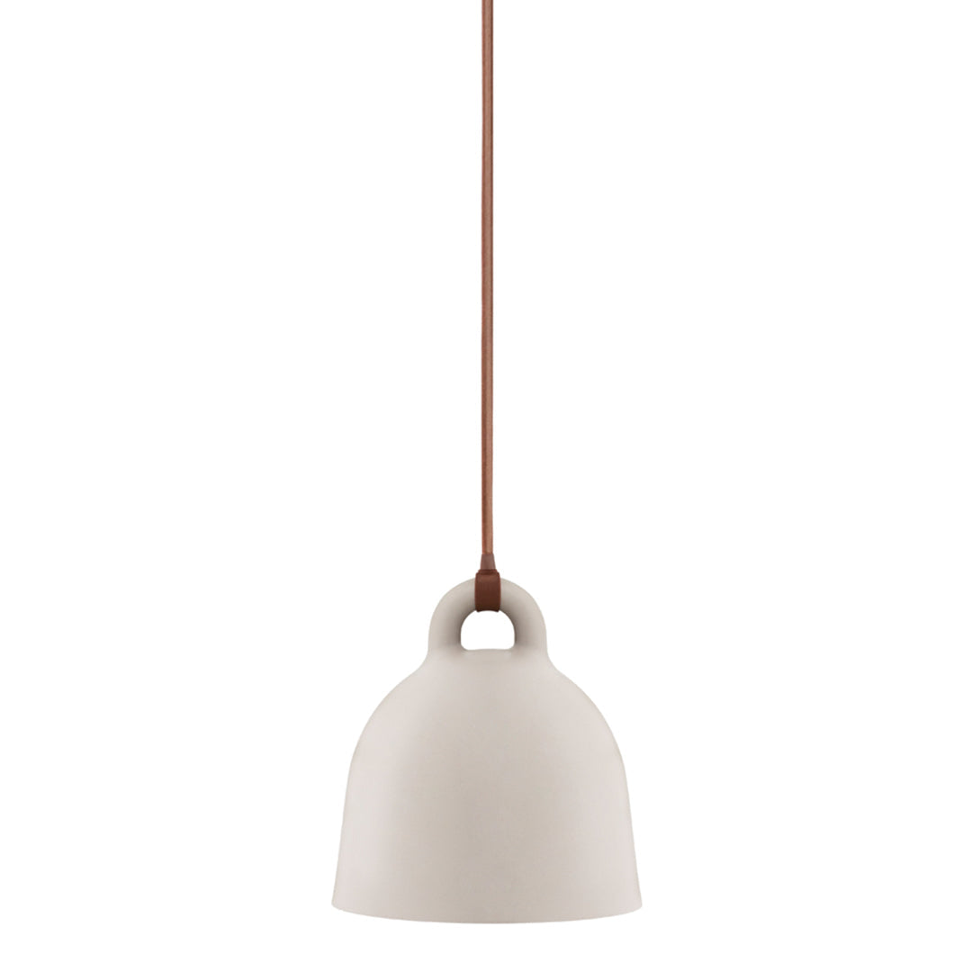 Cream-colored pendant light with a smooth, rounded shape and a brown hanging cord. Minimalist design for modern decor.