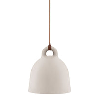 Cream bell-shaped pendant lamp with a smooth finish and a brown hanging cord. Minimalist design for modern decor.