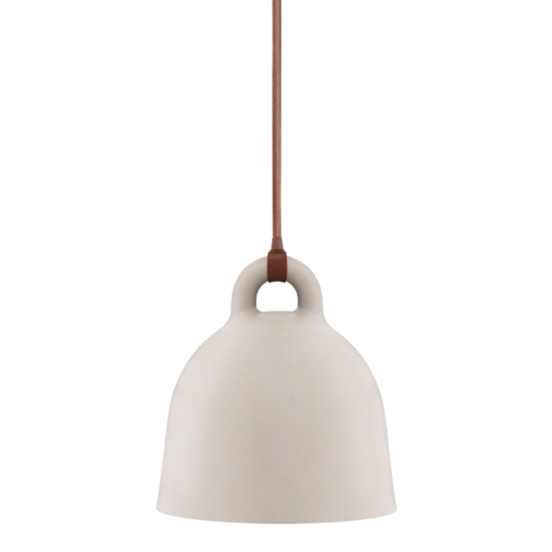 Cream bell-shaped pendant lamp with a smooth finish and a brown hanging cord. Minimalist design for modern decor.
