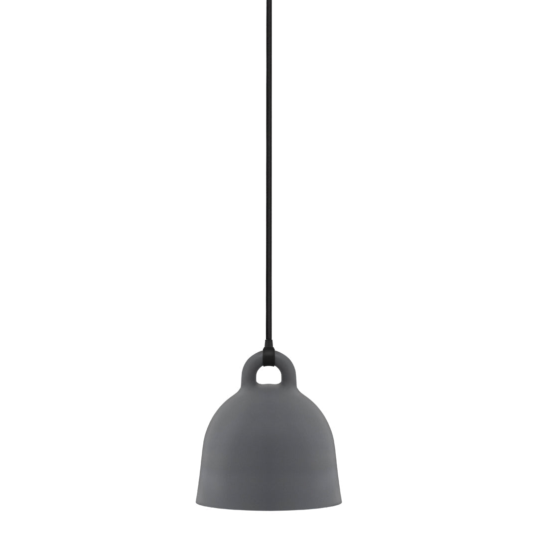 Matte gray pendant lamp with a sleek design and black hanging cord, perfect for modern interiors.