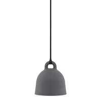 Matte grey pendant lamp with a smooth, modern silhouette, suspended by a sleek black cord. Perfect for contemporary decor.