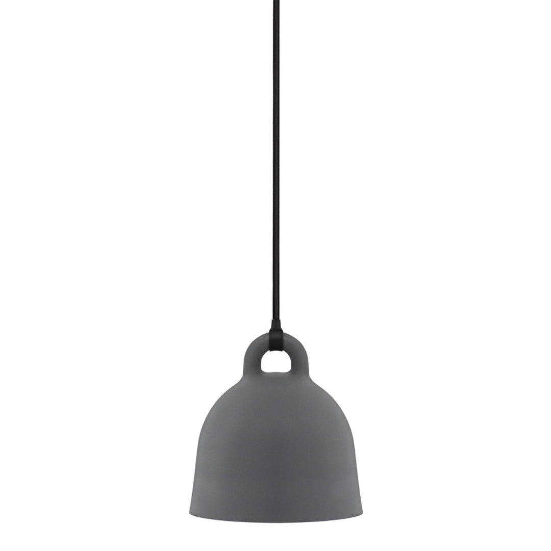 Matte grey pendant lamp with a smooth, modern silhouette, suspended by a sleek black cord. Perfect for contemporary decor.